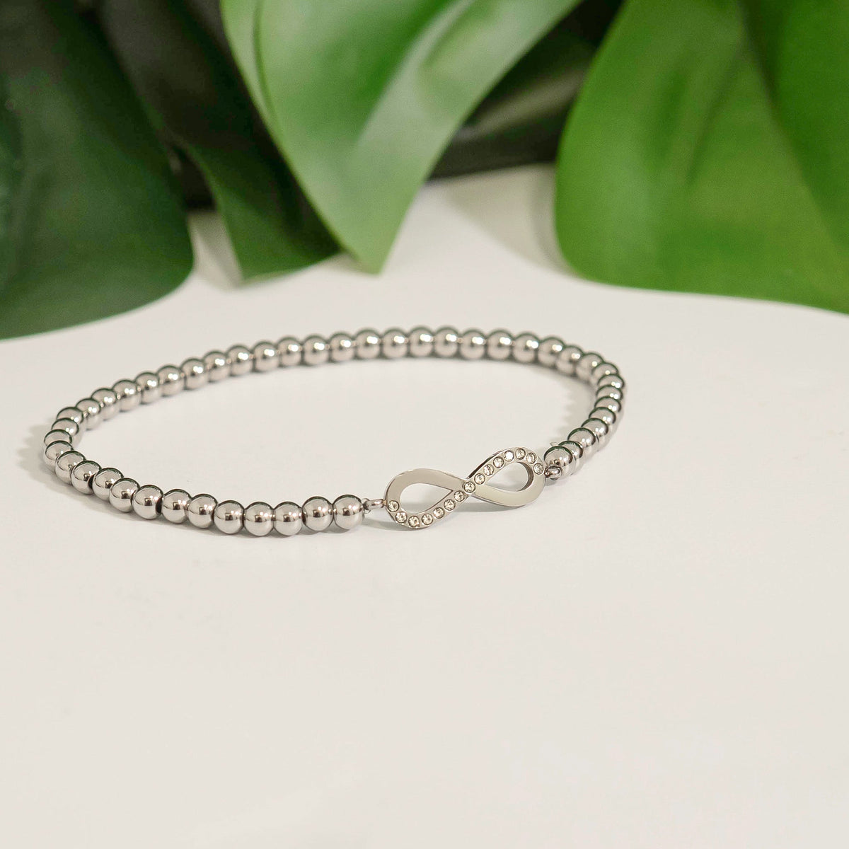 18K Gold PVD Stainless Steel Stone Infinity Sign Metal Beaded Stretch Bracelet / BRJ1017