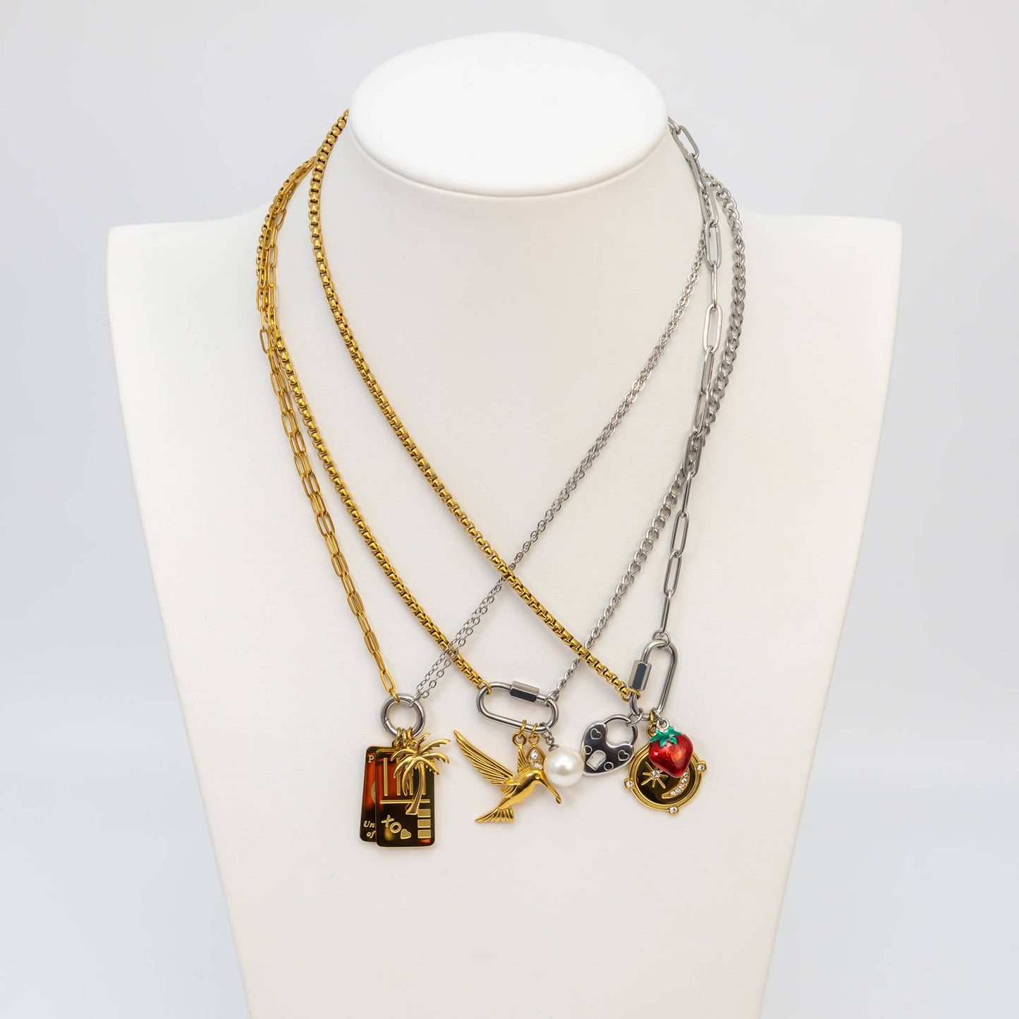 18K Gold PVD Stainless Steel Mixed Metal Carabiner Charm Holder Necklace / CHN0135
