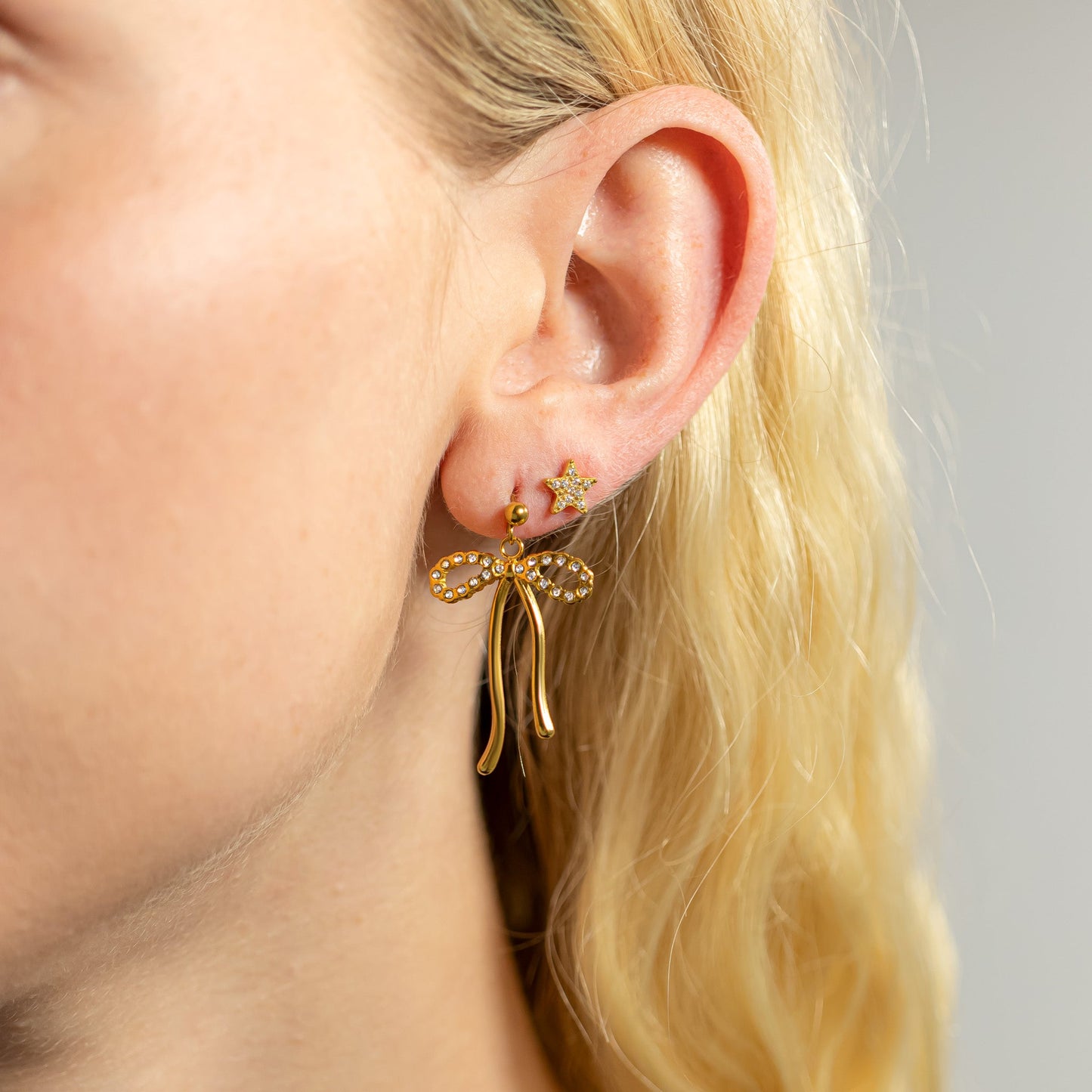 18K Gold PVD Ribbon Bow with Stones Earrings / ERJ0085