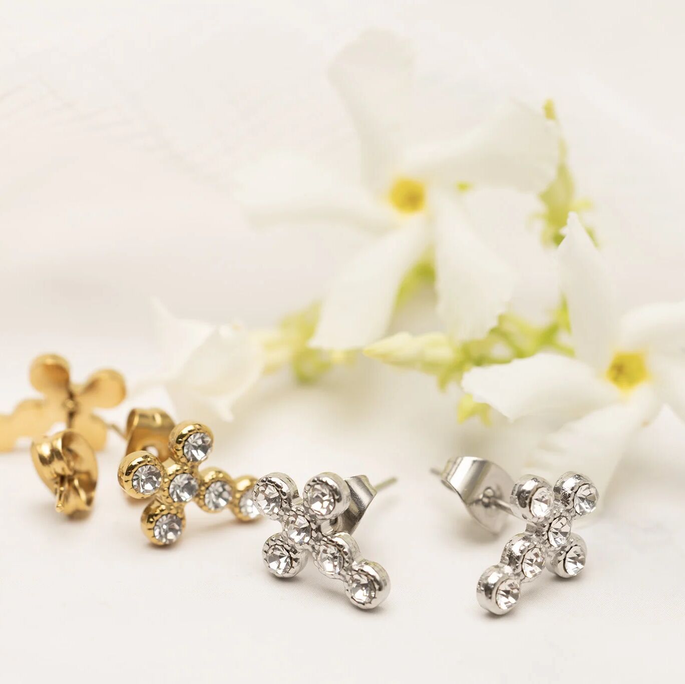 18K Gold PVD Stainless Steel Round Stone Cross Earrings / ERJ0091