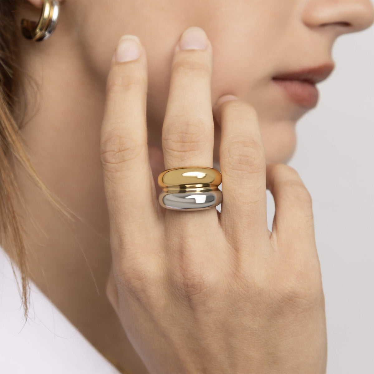 18K Gold PVD Stainless Steel Mixed Metal Side By Side Huggie Earrings / ERJ0106