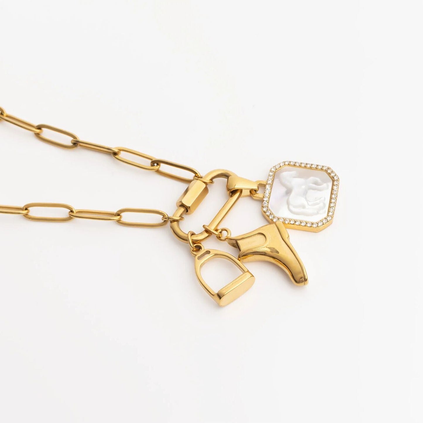 18K Gold PVD Stainless Steel MOP Horse Pendant With CZ Stone Boarder / PDL0387