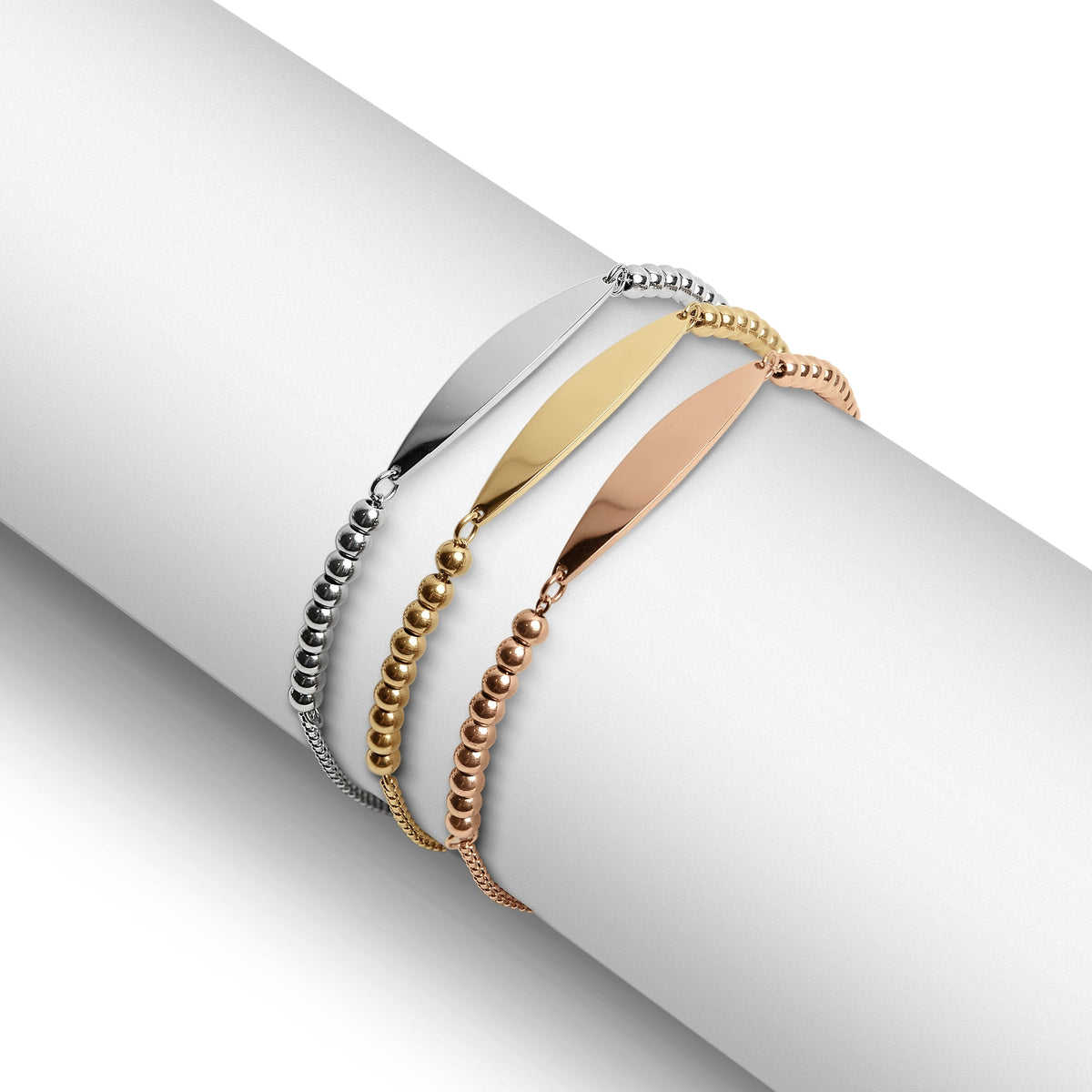 18K Gold PVD Stainless Steel Adjustable Beaded Curved Blank Bar Bracelet / SBB0272