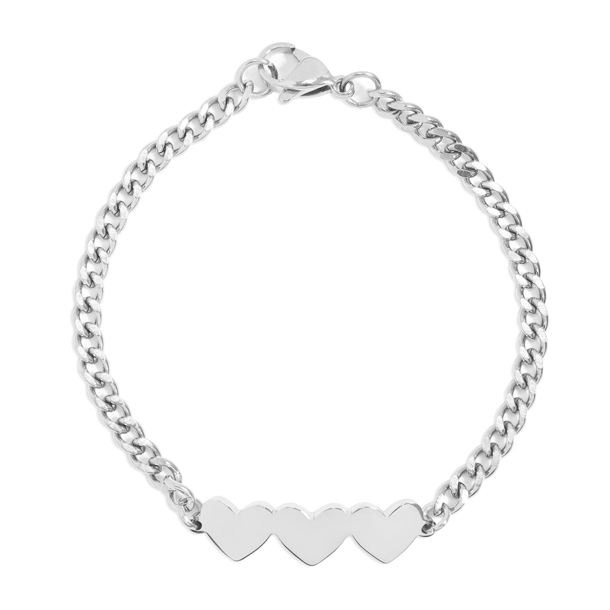 18K Gold PVD Stainless Steel Engravable 3 Hearts on Curb Chain Bracelet / SBB0367
