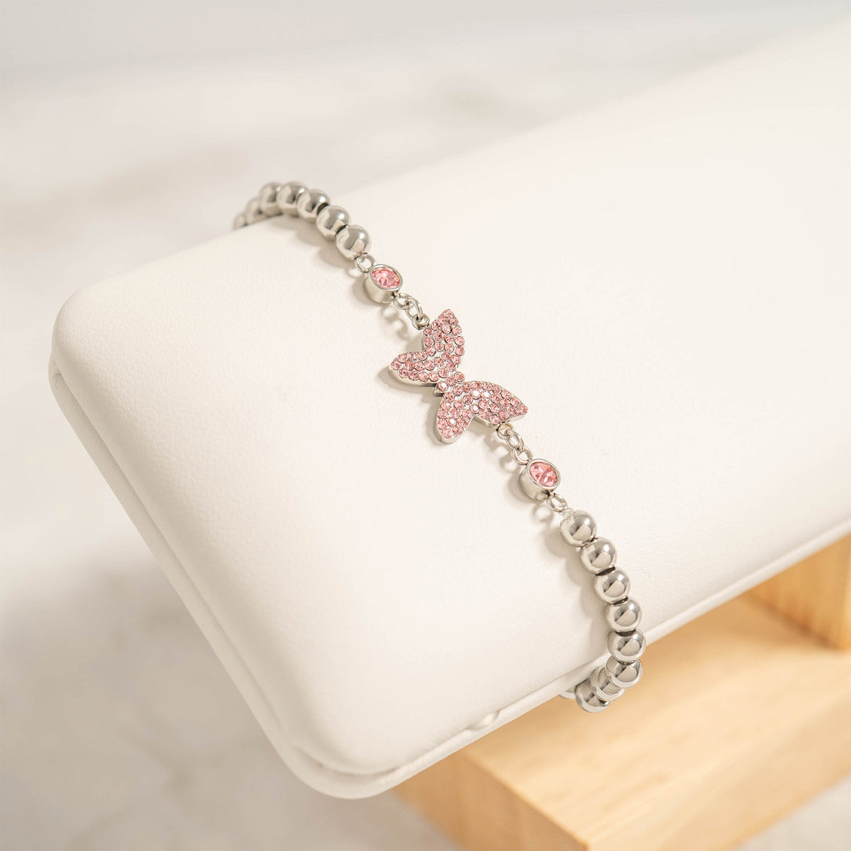 18K Gold PVD Stainless Steel Butterfly Beaded Stretch Bracelet / BRJ1074