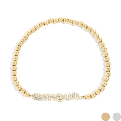 18K Gold PVD Stainless Steel Stone Amour Metal Beaded Stretch Bracelet / BRJ1015