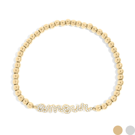 18K Gold PVD Stainless Steel Stone Amour Metal Beaded Stretch Bracelet / BRJ1015
