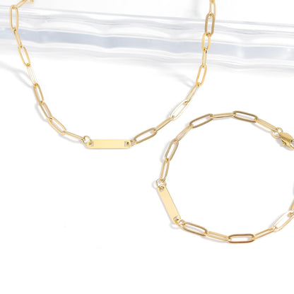 18K Gold PVD Stainless Steel Engravable Paperclip Bar Bracelet / SBB0274
