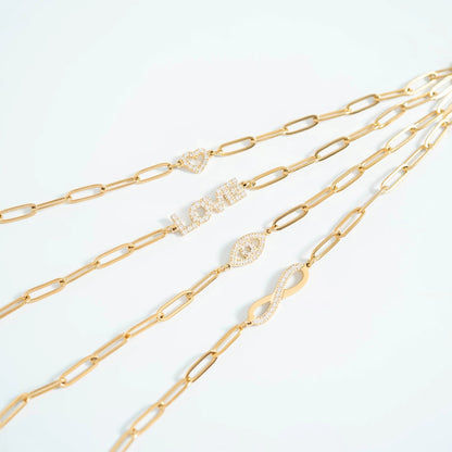 18K Gold PVD Stainless Steel Stone "Heart" Paperclip Chain Bracelet / BRJ1006