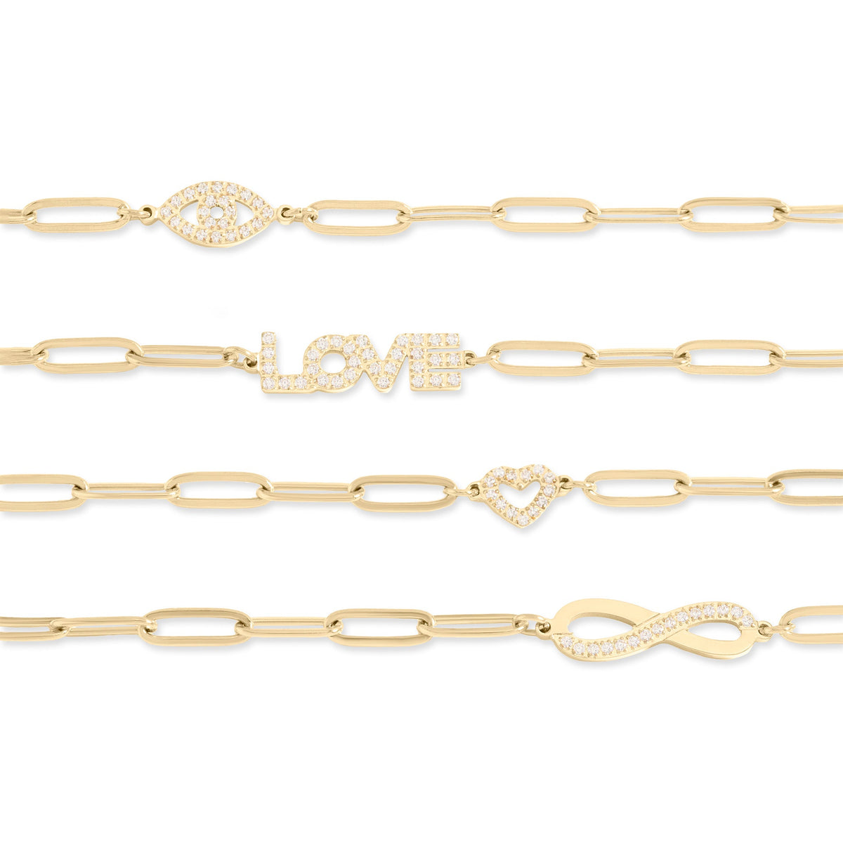 18K Gold PVD Stainless Steel CZ "Love" Paperclip Chain Bracelet / BRJ1004