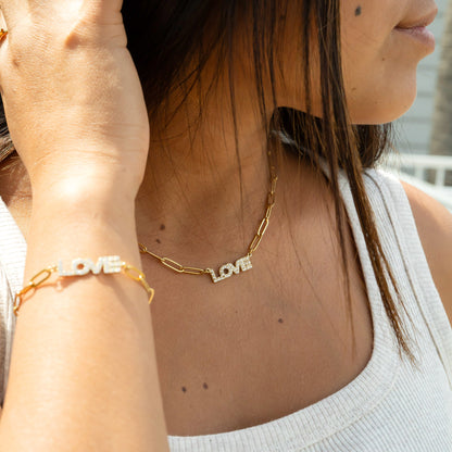 18K Gold PVD Stainless Steel Stone "Love" Paperclip Chain Necklace / CHN9974