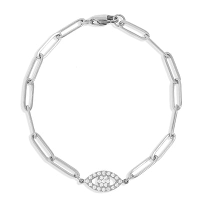 18K Gold PVD Stainless Steel Stone "Evil Eye" Paperclip Chain Bracelet / BRJ1005
