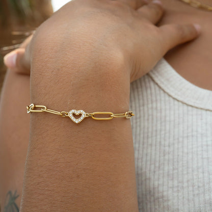 18K Gold PVD Stainless Steel Stone "Heart" Paperclip Chain Bracelet / BRJ1006