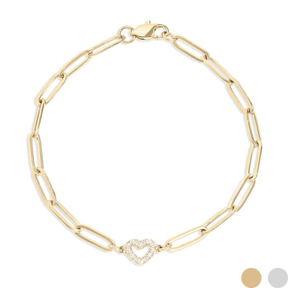 18K Gold PVD Stainless Steel Stone "Heart" Paperclip Chain Bracelet / BRJ1006