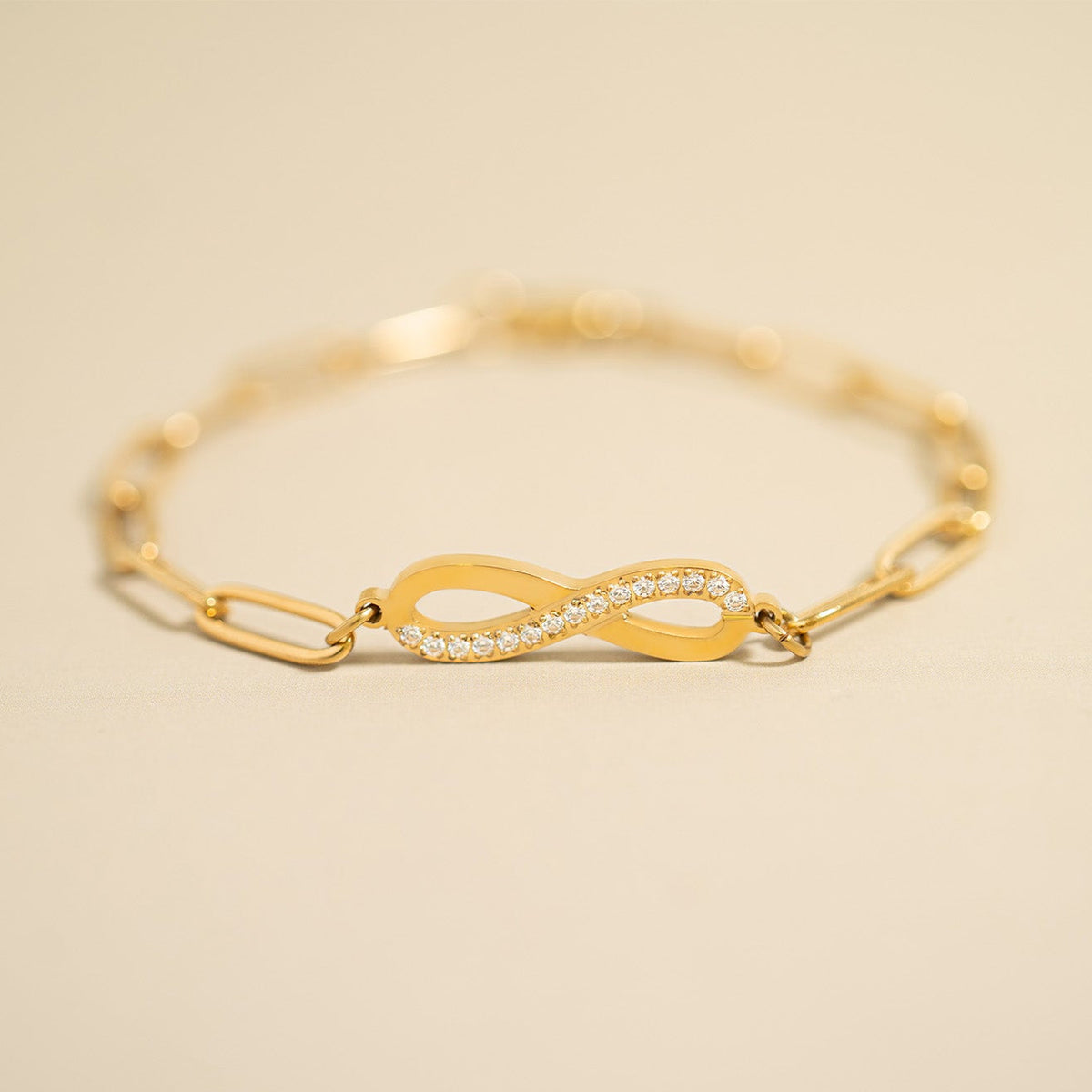 18K Gold PVD Stainless Steel Stone "Infinity" Paperclip Chain Bracelet / BRJ1007
