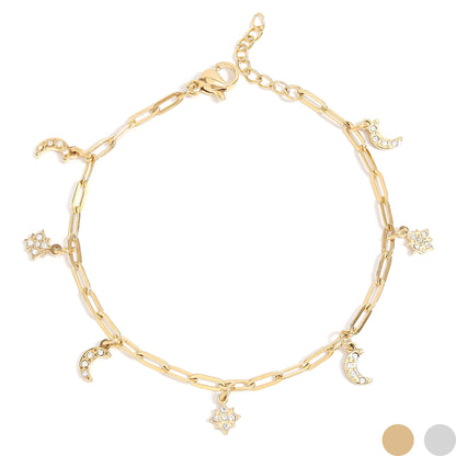 18K Gold PVD Stainless Steel Moon & Star Charm Bracelet / BRJ1009