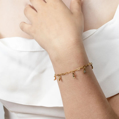 18K Gold PVD Stainless Steel Moon & Star Charm Bracelet / BRJ1009
