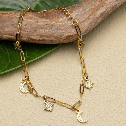 18K Gold PVD Stainless Steel Moon & Star Charm Bracelet / BRJ1009