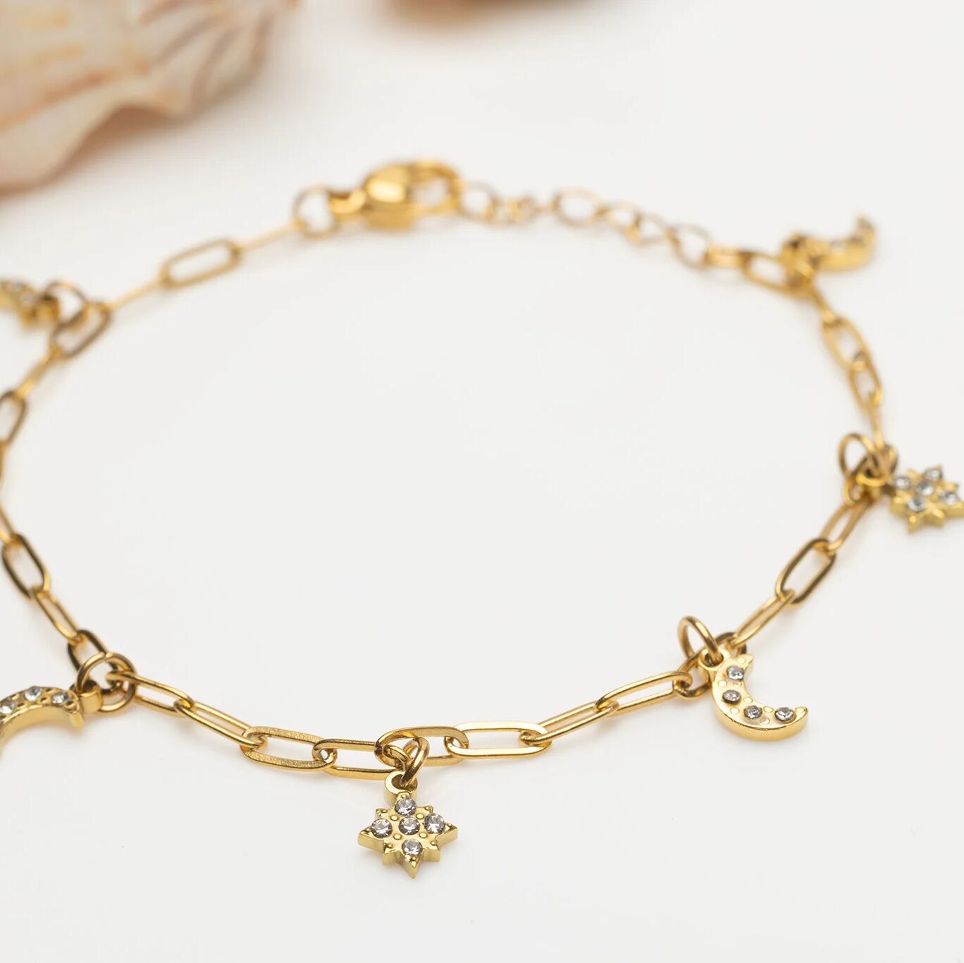 18K Gold PVD Stainless Steel Moon & Star Charm Bracelet / BRJ1009