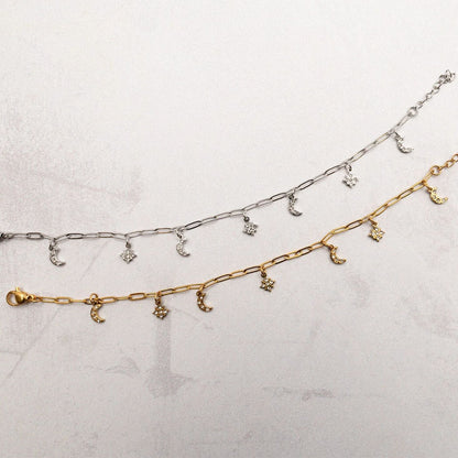 18K Gold PVD Stainless Steel Moon & Star Charm Bracelet / BRJ1009