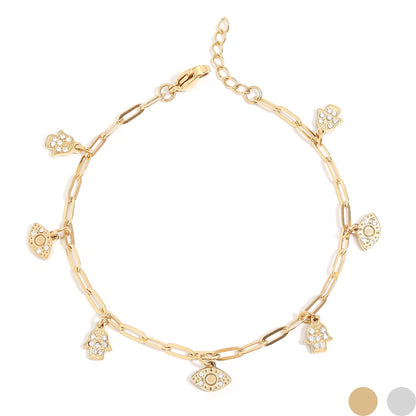 18K Gold PVD Hamsa & Evil Eye Paperclip Chain Charm Bracelet / BRJ1010