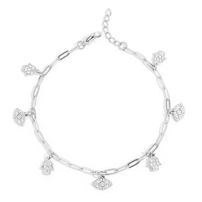 18K Gold PVD Hamsa & Evil Eye Paperclip Chain Charm Bracelet / BRJ1010