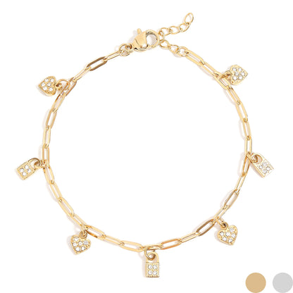 18K Gold PVD Stainless Steel Heart & Lock Charm Bracelet / BRJ1011