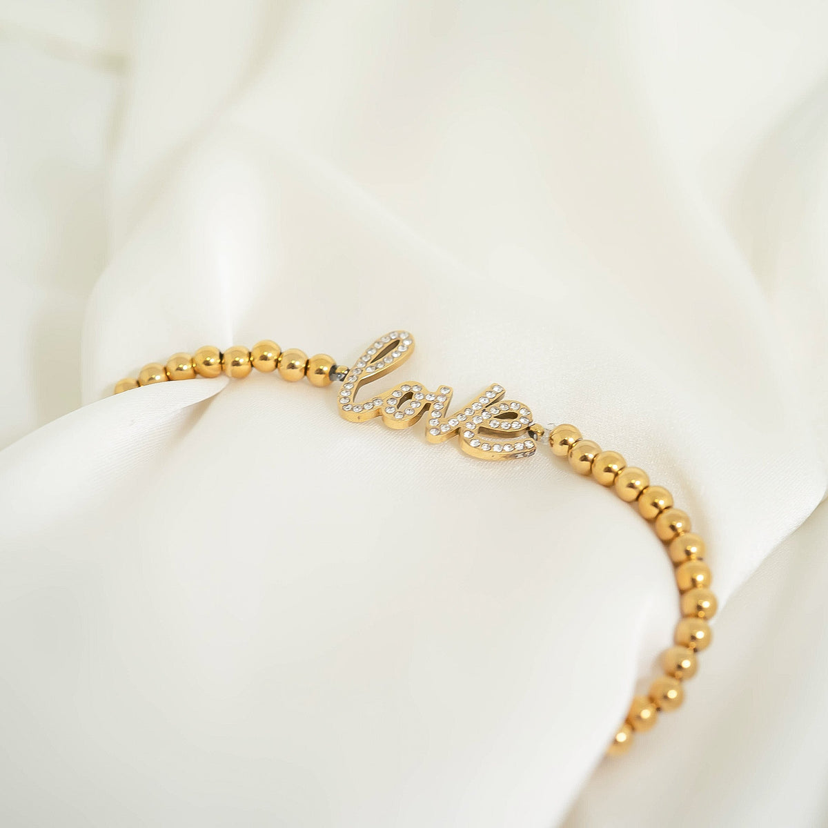 18K Gold PVD Stainless Steel Stone Love Metal Beaded Stretch Bracelet / BRJ1014