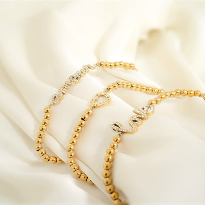 18K Gold PVD Stainless Steel Stone Amour Metal Beaded Stretch Bracelet / BRJ1015