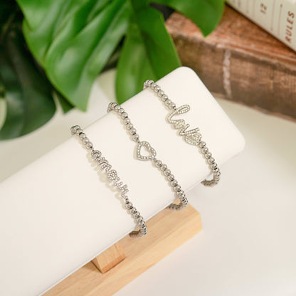 18K Gold PVD Stainless Steel Stone Love Metal Beaded Stretch Bracelet / BRJ1014