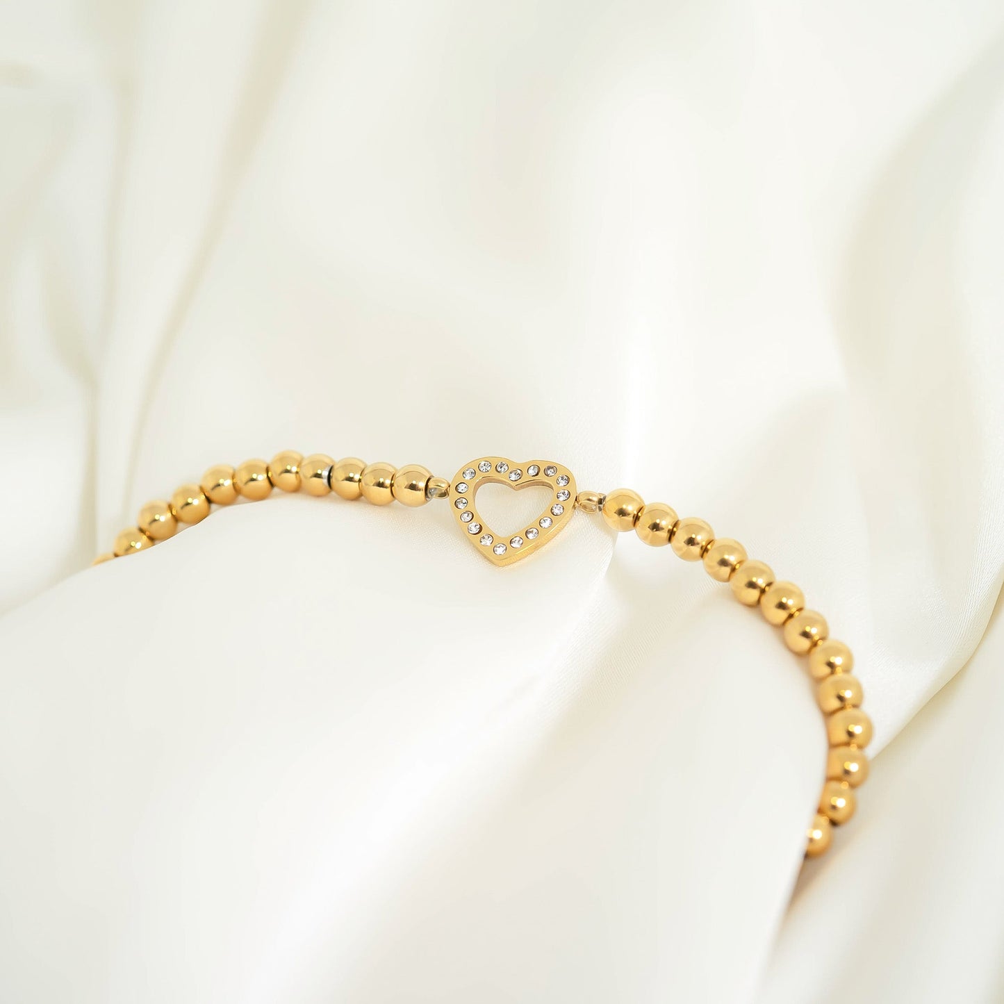 18K Gold PVD Stainless Steel Stone Heart Metal Beaded Stretch Bracelet / BRJ1016