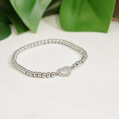 18K Gold PVD Stainless Steel Stone Heart Metal Beaded Stretch Bracelet / BRJ1016