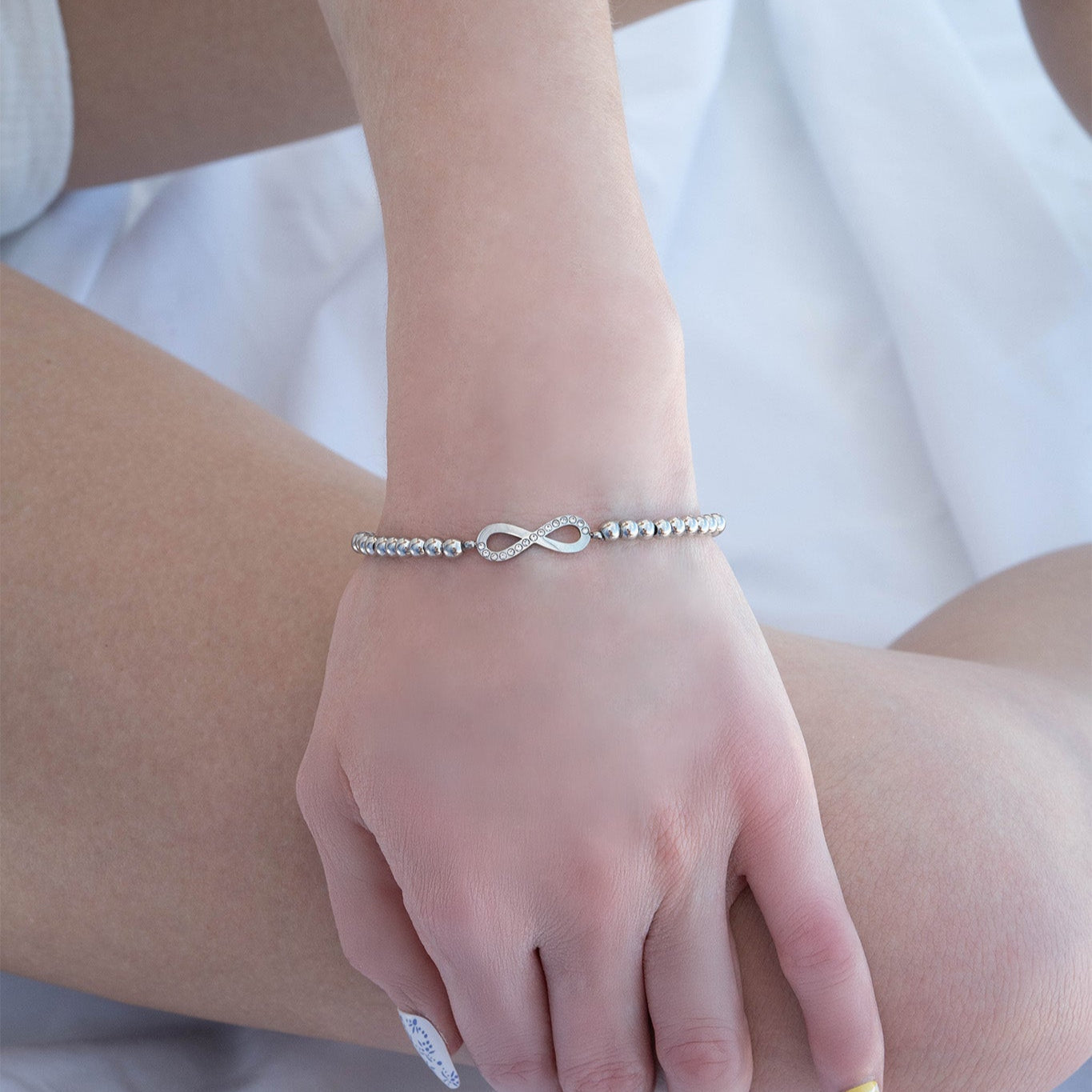 18K Gold PVD Stainless Steel Stone Infinity Sign Metal Beaded Stretch Bracelet / BRJ1017