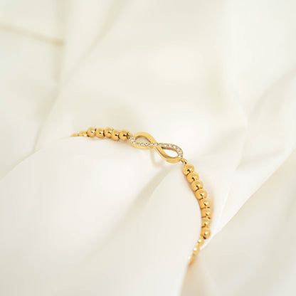 18K Gold PVD Stainless Steel Stone Infinity Sign Metal Beaded Stretch Bracelet / BRJ1017