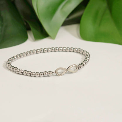 18K Gold PVD Stainless Steel Stone Infinity Sign Metal Beaded Stretch Bracelet / BRJ1017