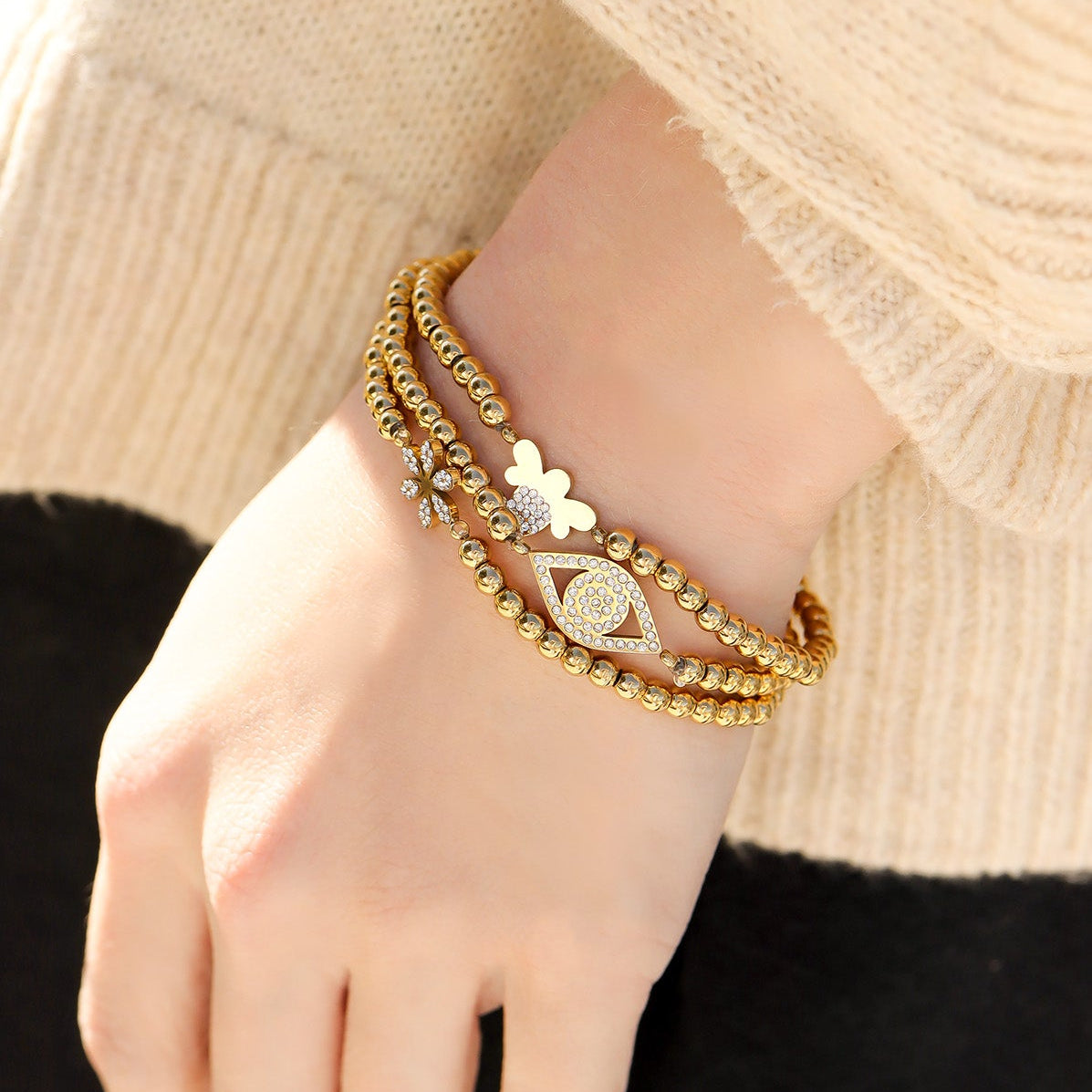 18K Gold PVD Stainless Steel Stone Evil Eye Metal Beaded Stretch Bracelet / BRJ1018
