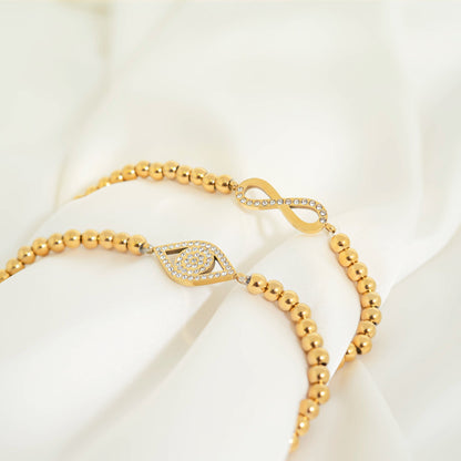 18K Gold PVD Stainless Steel Stone Infinity Sign Metal Beaded Stretch Bracelet / BRJ1017