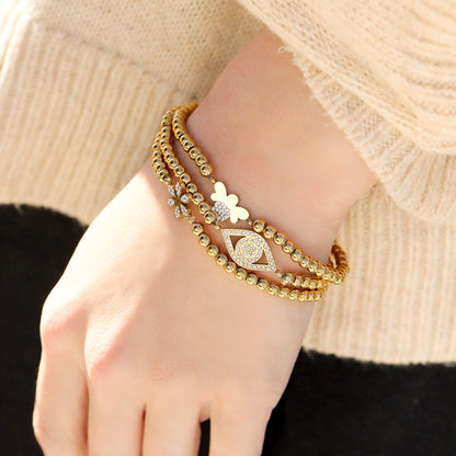 18K Gold PVD Stainless Steel Stone Bee Metal Beaded Stretch Bracelet / BRJ1022
