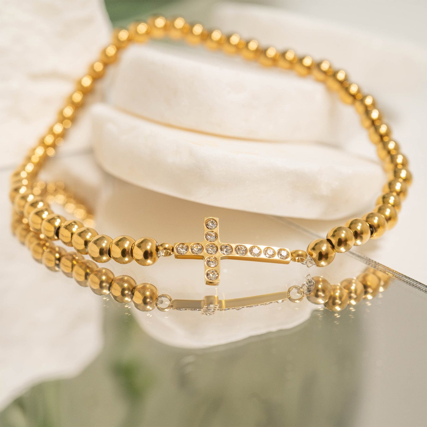 18K Gold PVD Stainless Steel Stone Cross Metal Beaded Stretch Bracelet / BRJ1019