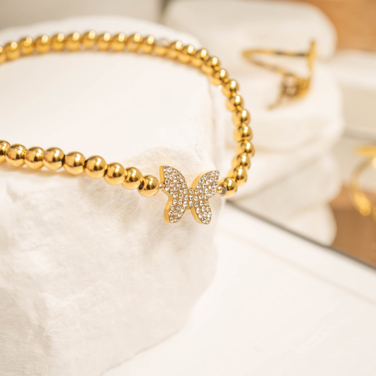 18K Gold PVD Stainless Steel Stone Butterfly Metal Beaded Stretch Bracelet / BRJ1021