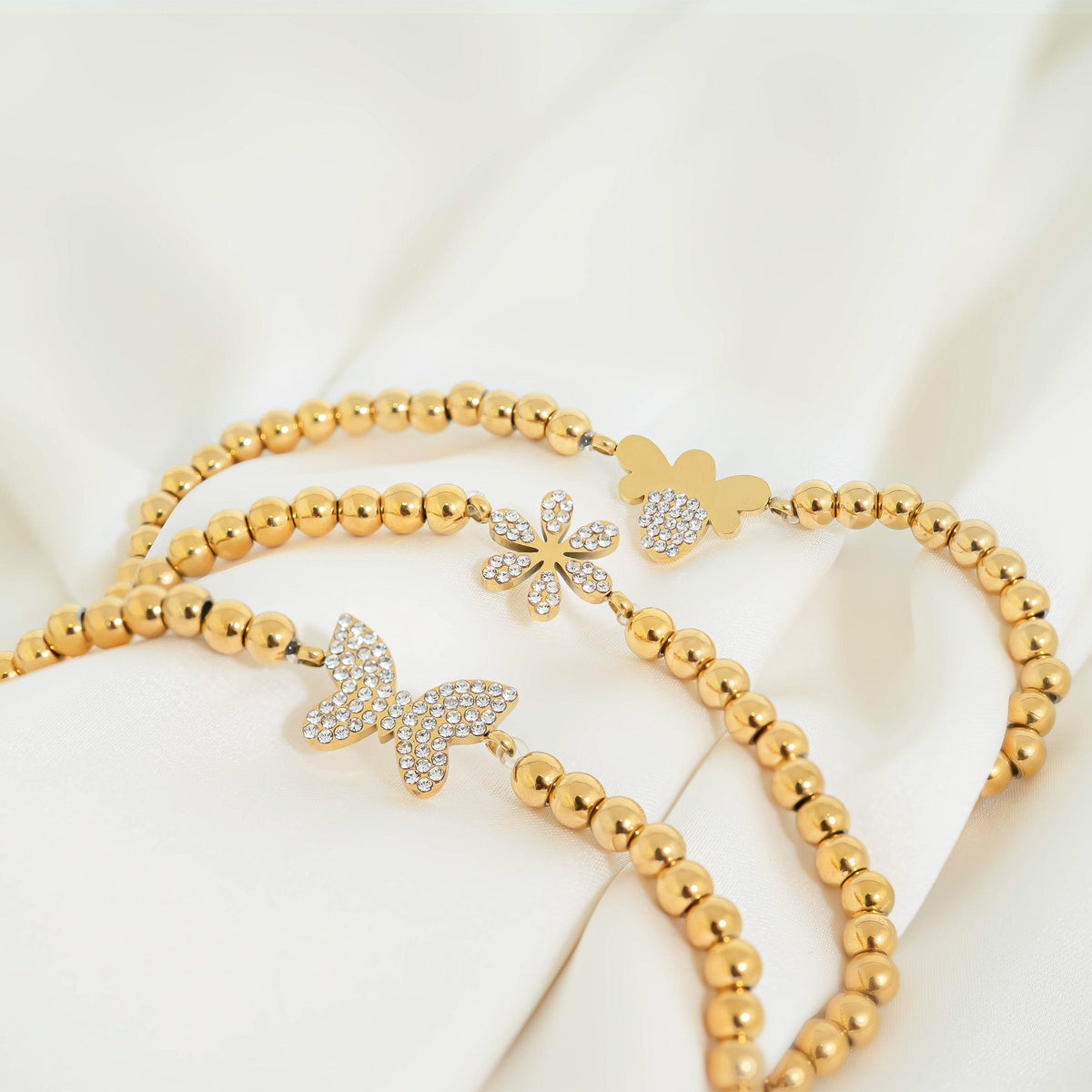 18K Gold PVD Stainless Steel Stone Butterfly Metal Beaded Stretch Bracelet / BRJ1021