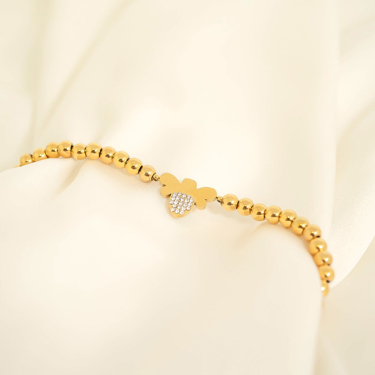18K Gold PVD Stainless Steel Stone Bee Metal Beaded Stretch Bracelet / BRJ1022