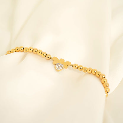 18K Gold PVD Stainless Steel Stone Bee Metal Beaded Stretch Bracelet / BRJ1022