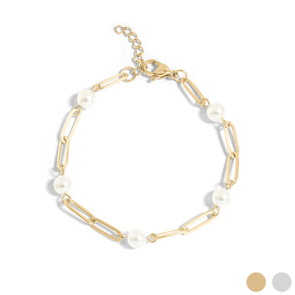 18K Gold PVD Stainless Steel Station Pearl Paperclip Bracelet / BRJ1023