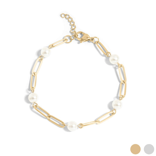 18K Gold PVD Stainless Steel Station Pearl Paperclip Bracelet / BRJ1023