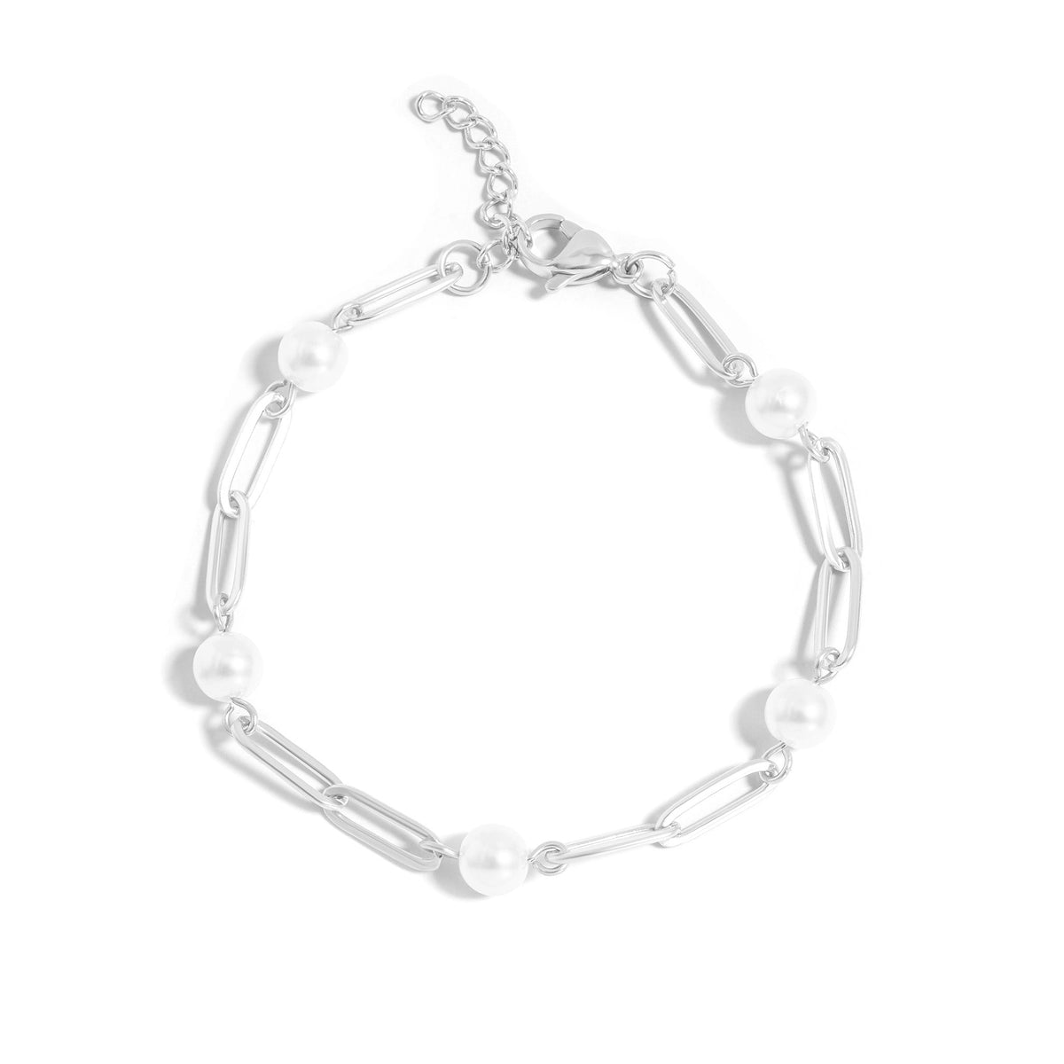 18K Gold PVD Stainless Steel Station Pearl Paperclip Bracelet / BRJ1023