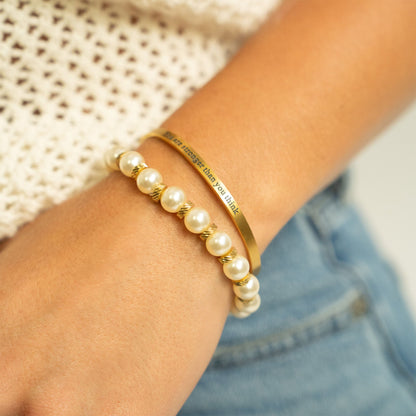 18K Gold PVD 8mm Kiska Glass Pearl Beaded Stretch Bracelet / BRJ1082
