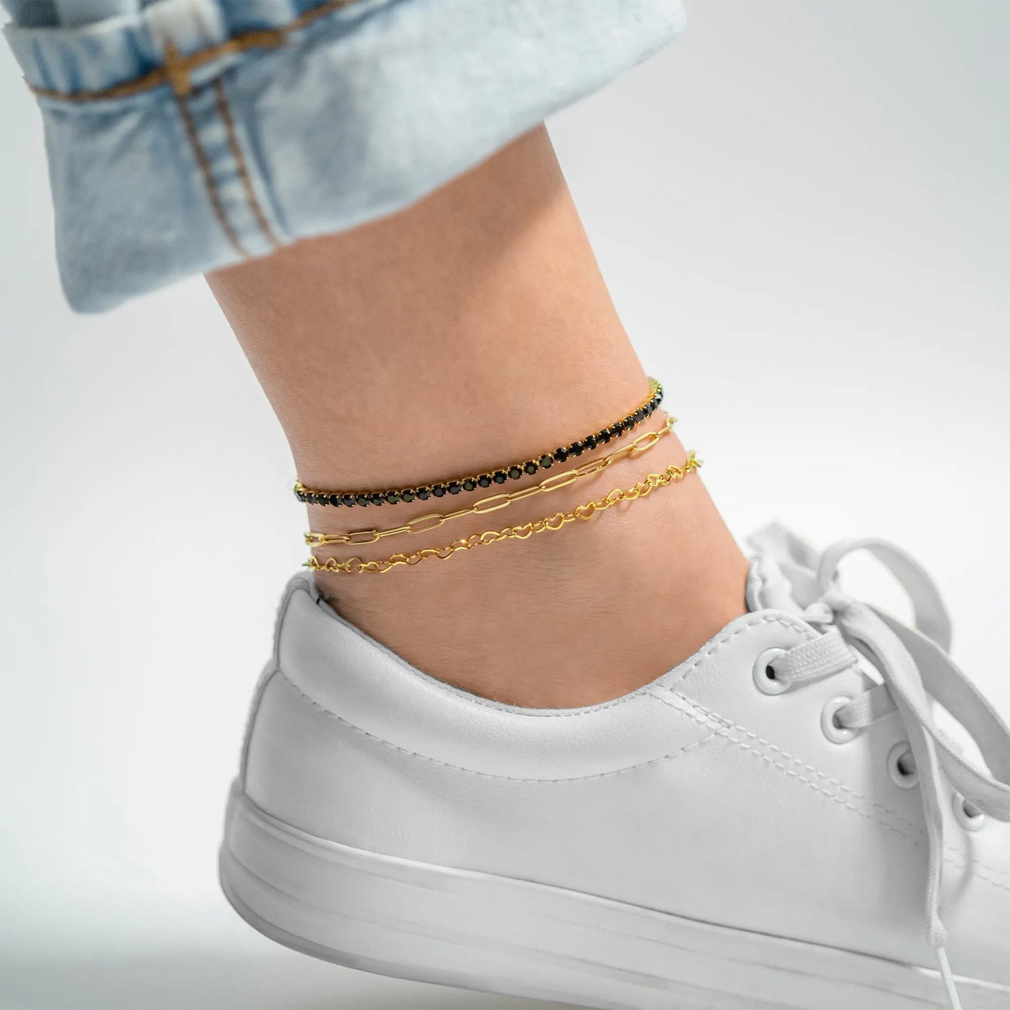 18K Gold PVD Stainless Steel Jet Rhinestone Tennis Chain Bracelet / TBR0004