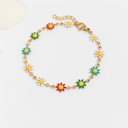 18K Gold PVD Multi Colored Floral Chain Bracelet / BRJ1063