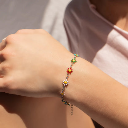 18K Gold PVD Multi Colored Floral Chain Bracelet / BRJ1063